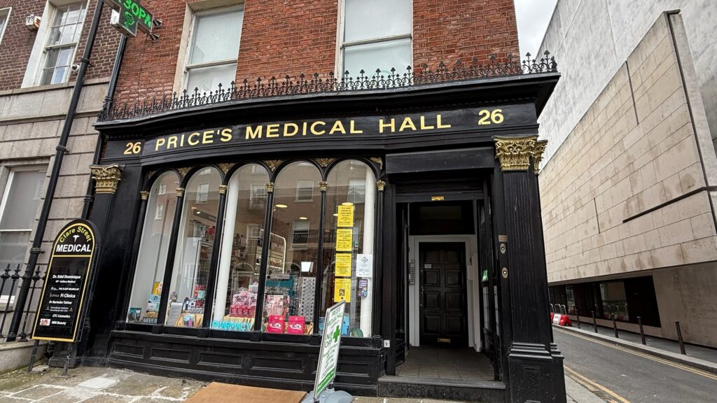 Price’s Medical Hall historic shopfront on Clare Street Dublin